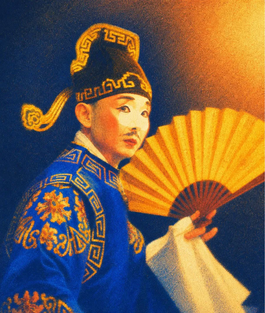 Sheng role — blue robe with folding fan